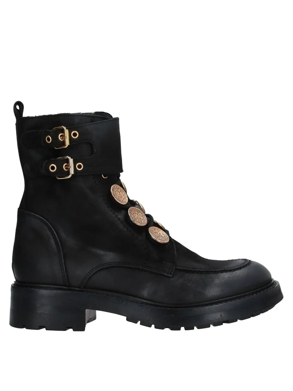 Designer Leather Combat Ankle Boots with Gold Button Accents